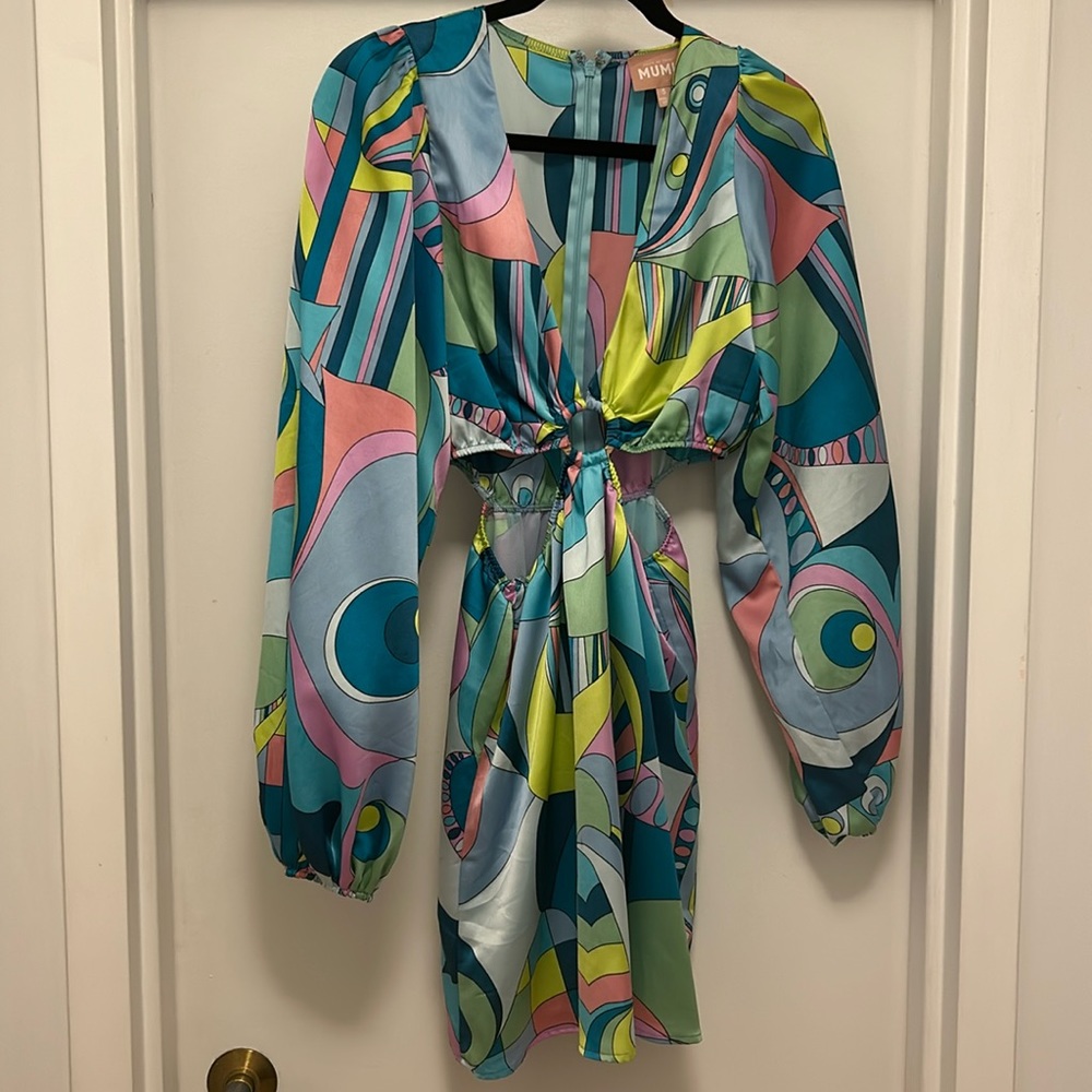 Multi colored satin dress with cut outs